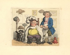 Barbero y cliente en una barbería decorada con pelucas de Thomas Rowlandson