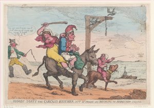 Bloody Boney el Carnicero Carroñero Izquierdo del Comercio y Retirándose a la Isla del Espantapájaros, 12 de abril de 1814 de Thomas Rowlandson