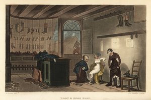 Tienda de botas y zapatos: Mujeres clientes probándose zapatos y botas en el zapatero de Leatherhead. Grabado en cobre coloreado a mano por Thomas Rowlandson, aguafuerte por J.C. Stadler, después de un boceto de J. Green de Poetical Sketches of Scarborough de Thomas Rowlandson
