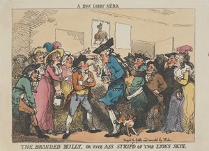 El héroe del vestíbulo del boxeo, el matón marcado o el asno despojado de la piel del león de Thomas Rowlandson