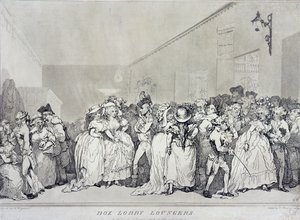 Holgazanes del vestíbulo, grabado por Rowlandson de un diseño de Henry Wigstead de Thomas Rowlandson