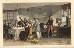 Sala de desayunos del Old Bell Inn, Scarborough. Huéspedes bebiendo café, leyendo periódicos, desayunando en una sala de la Regencia. Grabado en cobre coloreado a mano por Thomas Rowlandson, aguafuerte por J. Bluck, basado en un boceto de J. Green de Poeti de Thomas Rowlandson