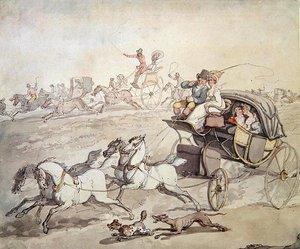 Carruajes y jinetes a toda velocidad a través de praderas abiertas, c.1800 de Thomas Rowlandson