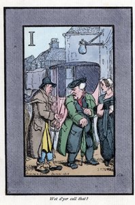 Hackney quejándose a los pasajeros por las pequeñas propinas (1819). Grabado en madera, basado en una pintura de Thomas Rowlandson (1756-1827), publicado en The Cris of London: con seis encantadores niños y casi 40 ilustraciones, por Andrew Tuer, Field and de Thomas Rowlandson