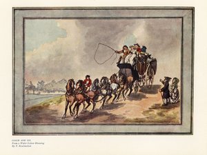 Carruaje y seis caballos con pasajeros y equipaje en el techo de Thomas Rowlandson