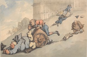 Comodidades del baño: Los gotosos caen en una colina empinada de Thomas Rowlandson