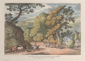 Cabaña al pie de la montaña Router Cornwall, de Vistas en Cornwall, 12 de abril de 1812 de Thomas Rowlandson