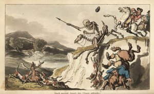 La muerte en un caballo esquelético cae por un acantilado mientras un cazador y sus perros caen a su muerte (grabado de Thomas Rowlandson) de Thomas Rowlandson