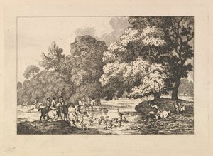 Caza del ciervo: una escena paisajística con un ciervo y sabuesos junto a un río de Thomas Rowlandson