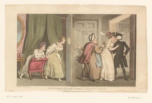 Dos mujeres acompañan al Doctor Syntax hasta una puerta de Thomas Rowlandson