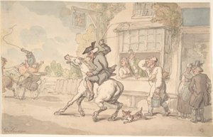 El Dr. Syntax con un caballo rebelde frente a una posada de Thomas Rowlandson