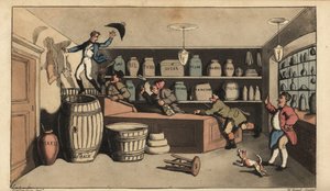 Johnny borracho perseguido por vigilantes nocturnos en una tienda de comestibles a punto de caer en un barril de mantequilla. Grabado en cobre coloreado a mano por W. Read después de una ilustración de Thomas Rowlandson de Las Aventuras de Johnny Newcombe  de Thomas Rowlandson