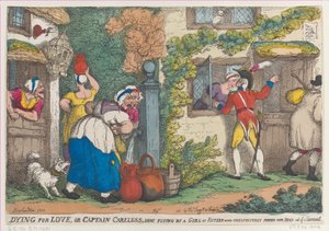 Muriendo por amor, o el Capitán Careless, disparado por una chica de quince años que apareció inesperadamente, 1810 de Thomas Rowlandson
