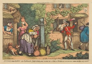 «Morir por amor», o «El capitán Careless, abatido por el disparo de una chica de quince años que, de improviso, asomó la cabeza por una ventana abatible» de Thomas Rowlandson