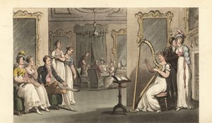 Caballero inglés y damas escuchando a un arpista en un baile