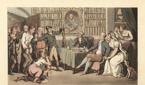 Caballero inglés en su estudio escuchando un caso de caza furtiva de Thomas Rowlandson