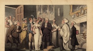 Caballero inglés casándose con su novia en una casa señorial de Thomas Rowlandson