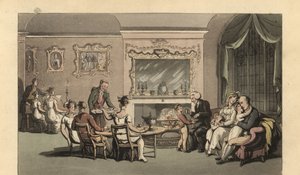 Caballero inglés, esposa e hijos relajándose en el salón de Thomas Rowlandson