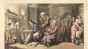 Caballero inglés escribiendo una carta de súplica en un salón decrépito de Thomas Rowlandson