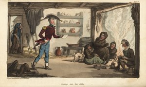 Alférez Johnny Newcome llegando a su boleto de Subalternter en Portugal, una choza con mendigos sucios. Grabado en cobre coloreado a mano dibujado y grabado por Thomas Rowlandson del libro Las aventuras militares de Johnny Newcome, de Martin, Londres