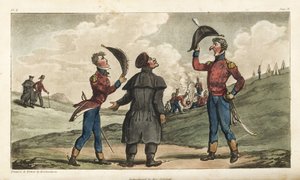 El alférez Johnny Newcome presentado al coronel de su regimiento antes de la Batalla de Salamanca. Ilustración de Thomas Rowlandson de Las aventuras militares de Johnny Newcome, Martin, Londres de Thomas Rowlandson