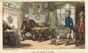 El alférez Johnny Newcome regresa a Inglaterra con licencia por enfermedad de la Campaña Peninsular. Grabado en cobre coloreado a mano dibujado y grabado por Thomas Rowlandson del libro Las aventuras militares de Johnny Newcome, de David Roberts