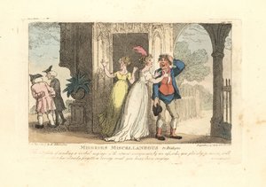 Mujer a la moda enviando un mensaje verbal a través de un bufón de Thomas Rowlandson