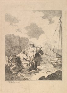 Pescadores en la orilla - Escena costera con un hombre sentado en las rocas y fumando una pipa, Nex..., 1786 de Thomas Rowlandson