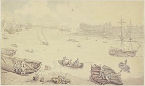 Río con muchos barcos y un astillero de Thomas Rowlandson
