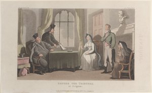 Frontispicio: Ante el Tribunal en Aviñón, del Diario de Viajes Sentimentales de Thomas Rowlandson