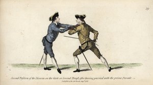 Esgrimista caballero en la segunda posición del Desarme en la Carta o Segundo Golpe, después de la Parada Prime. Grabado en cobre coloreado a mano después de una ilustración de Thomas Rowlandson del libro La Escuela de Esgrima de Mr. Domenico Angelo, Londr de Thomas Rowlandson