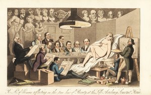 Artistas georgianos incluyendo a Benjamin West, Thomas Lawrence, Benjamin Haydon, Joseph Farrington, Richard Westall y Martin Archer Shee dibujando un modelo desnudo, mientras los bustos clásicos observan. Académicos Reales de Genio reflexionando sobre la  de Thomas Rowlandson