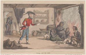 Entrando en su alojamiento, de Las aventuras militares de Johnny Newcome de Thomas Rowlandson