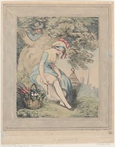 Niña con una cesta y jaula de pájaros ajustando su liga de Thomas Rowlandson