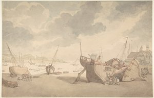 Escena del puerto con la marea baja y barcos varados de Thomas Rowlandson