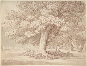Manada de ciervos bajo un roble de Thomas Rowlandson