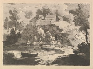 Paisaje de río montañoso, un bote en el agua en primer plano a la izquierda, una figura en la orilla lejana (detalle) de Thomas Rowlandson