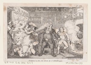 La anfitriona descarga una sartén de sangre en la cara del párroco Andrews, de Las Aventuras de..., 1792 de Thomas Rowlandson