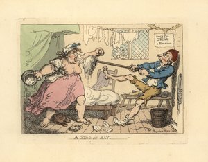 Marido sosteniendo a su esposa enojada con una fregona de Thomas Rowlandson