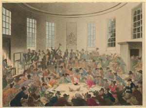 Ilustración que muestra una multitud viendo una pelea de gallos de Thomas Rowlandson