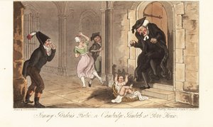 James Gordon, un borracho notorio de Cambridge, dejando un bebé como broma frente a la casa de un decano de la universidad. La travesura de Jemmy Gordon, o las travesuras de Cambridge en Peter House. Grabado a mano coloreado por Thomas Rowlandson de The En de Thomas Rowlandson
