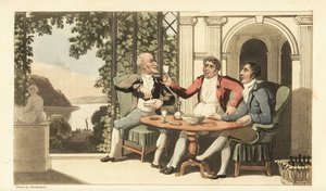 Johnny y amigos bebiendo y cantando en una terraza con vista al río Támesis. Ilustración de Thomas Rowlandson de La historia de Johnny Quae Genus, el pequeño encontrado del difunto Doctor Syntax de Thomas Rowlandson