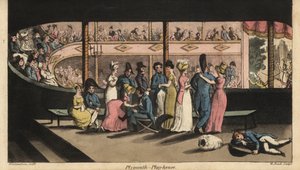 Johnny y otros guardiamarinas en permiso en tierra esperan una obra en el Plymouth Playhouse. Grabado en cobre coloreado a mano por W. Read después de una ilustración de Thomas Rowlandson del libro 