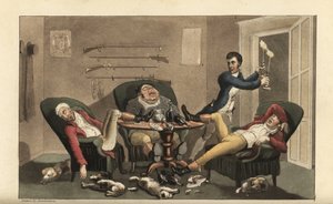 Johnny en una final deportiva: Johnny con candelabros deja a tres cazadores borrachos dormidos en un comedor con botellas de vino vacías y perros durmiendo. Grabado en cobre coloreado a mano por Thomas Rowlandson de 