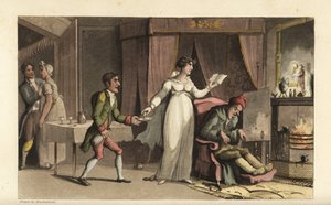 Johnny al servicio del avaro John Squeeze y su prudente sobrina Amelia Squeeze de Thomas Rowlandson