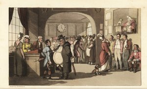 Johnny buscando trabajo en una oficina de registro para sirvientes domésticos. Hombres y mujeres con monóculos examinando porteros, criadas y otros empleados. Ilustración de Thomas Rowlandson de La historia de Johnny Quae Genus, el pequeño encontrado del d de Thomas Rowlandson