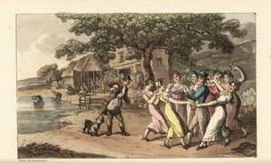 Johnny tocando su flauta en un festival de esquila de ovejas, rodeado de chicas campesinas bailando de Thomas Rowlandson