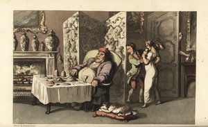 Johnny dándole a la criada Molly una copa de vino en el salón mientras Sir Jeffery Gourmand duerme en la mesa del comedor. Casi atrapado por otro sirviente en la puerta. Ilustración de Thomas Rowlandson de La historia de Johnny Quae Genus, el pequeño encon