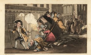Johnny arrojado de una silla de manos cuando los porteadores chocan contra un montón de piedras en la calle. Llega un vigilante nocturno con linternas y matracas. Grabado en cobre coloreado a mano por Thomas Rowlandson de 