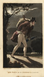 Johnny caminando por la carretera iluminada por la luna hacia Londres. Lleva una mochila con un violín, un libro en el bolsillo de su abrigo y un paraguas. Ilustración de Thomas Rowlandson de La historia de Johnny Quae Genus, el pequeño encontrado del difu de Thomas Rowlandson